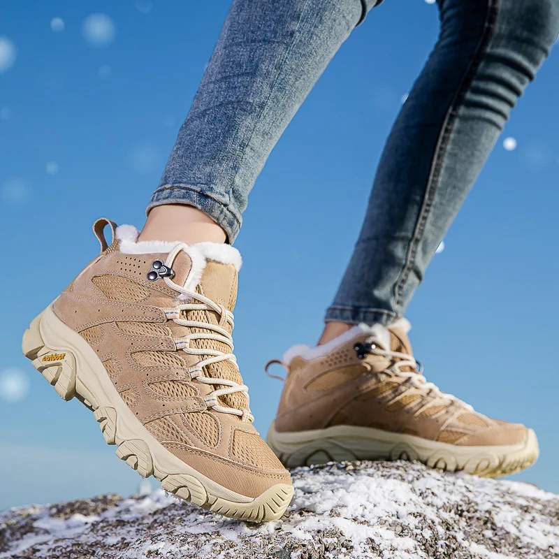 Winter Snow Boots Women Warm Comfortable Plush Flat Anti-slip High-top Boots Women Durable Casual Breathable Hiking Boots Men