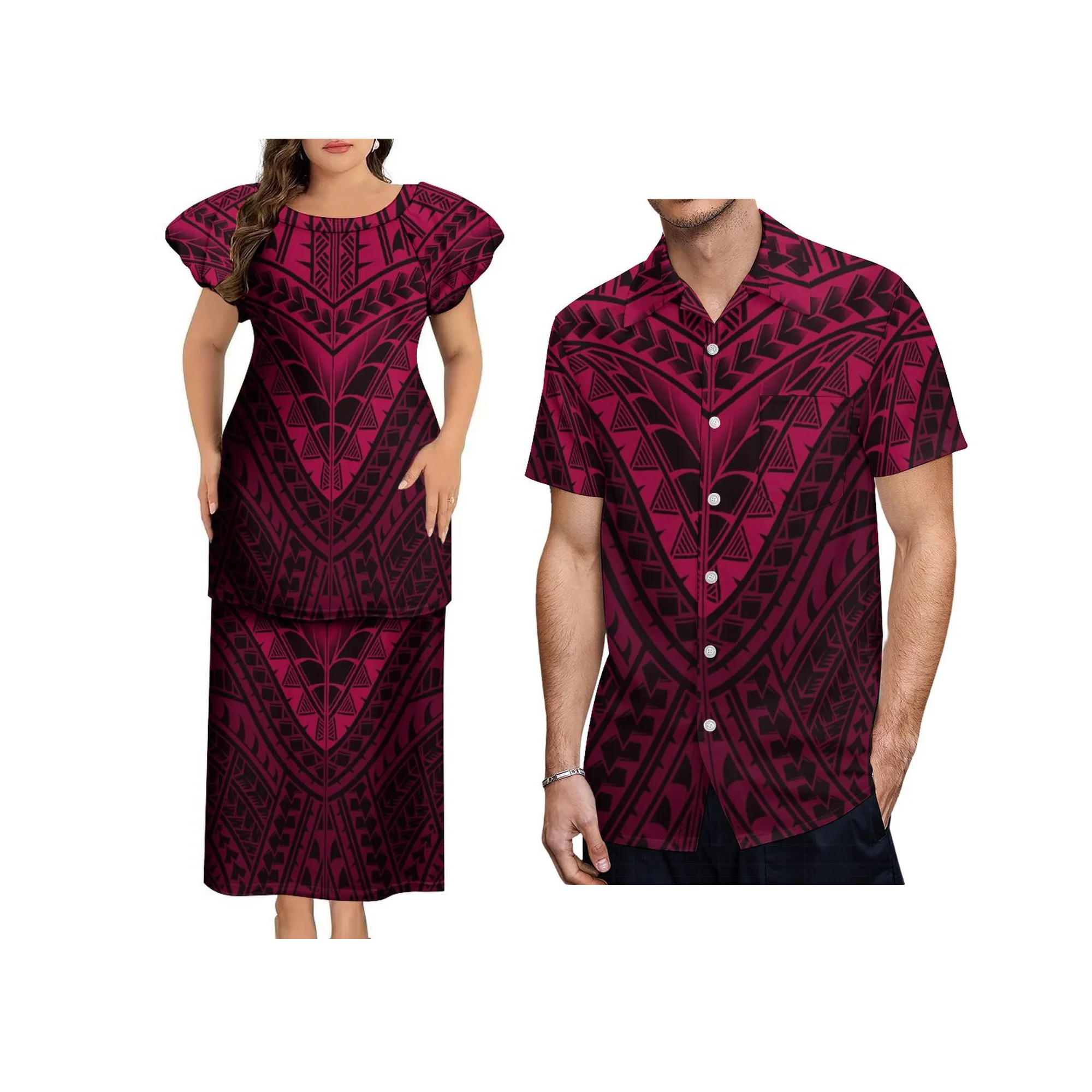 

Hot Selling Custom Polynesian Puff Sleeve Samoan Puletasi Tongan Set Dress Plus Size Women Two Pieces Set Dress