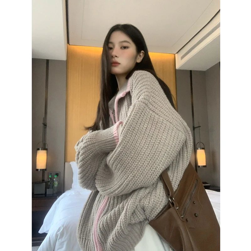 

Trendy Knitted Zipper Collar Twist Sweater Coat Women's Autumn Winter Faion Color Blo Straight Tube Long Sve Top