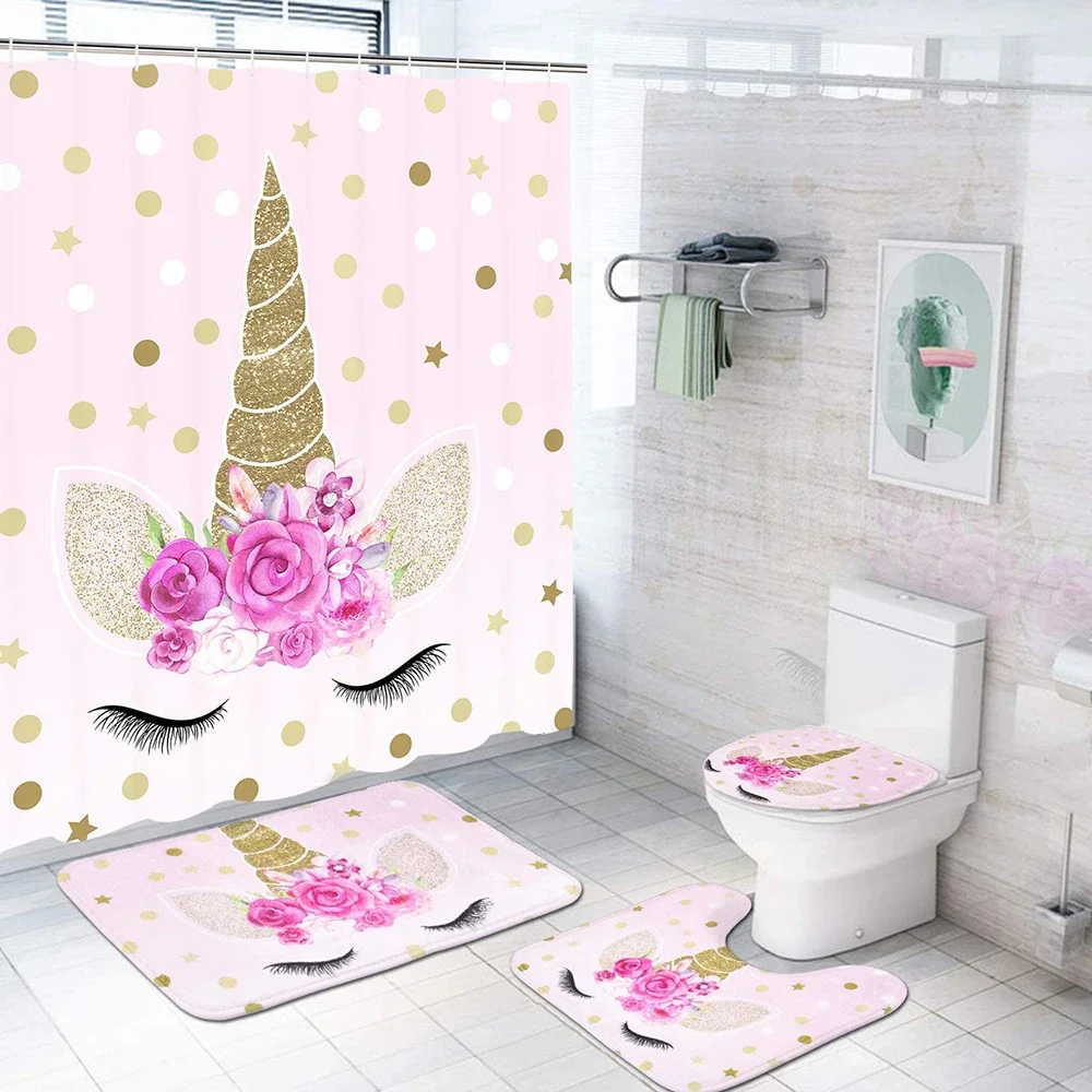 Cartoon Unicorns Rainbow Shower Curtain Sets Cute Animal Cloud Girl Pink Floral Flowers Bathroom Curtains Non-Slip Rug Bath Mats