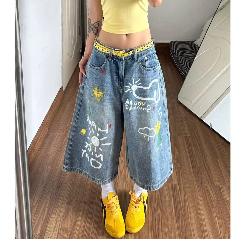 Women's Retro Style Cartoon Graffiti Print Denim Shorts Summer Calf-length Trousers Wide Leg Pant Female High Waist Capris Jeans