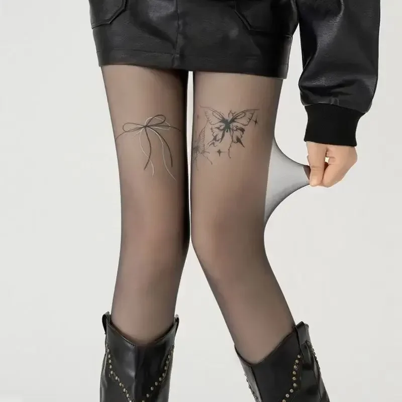 

Sweet And Spicy Butterfly Tattoo Stockings Pure Desire Black Silk Pantyhose Summer Style Women Anti-Catch Stockings
