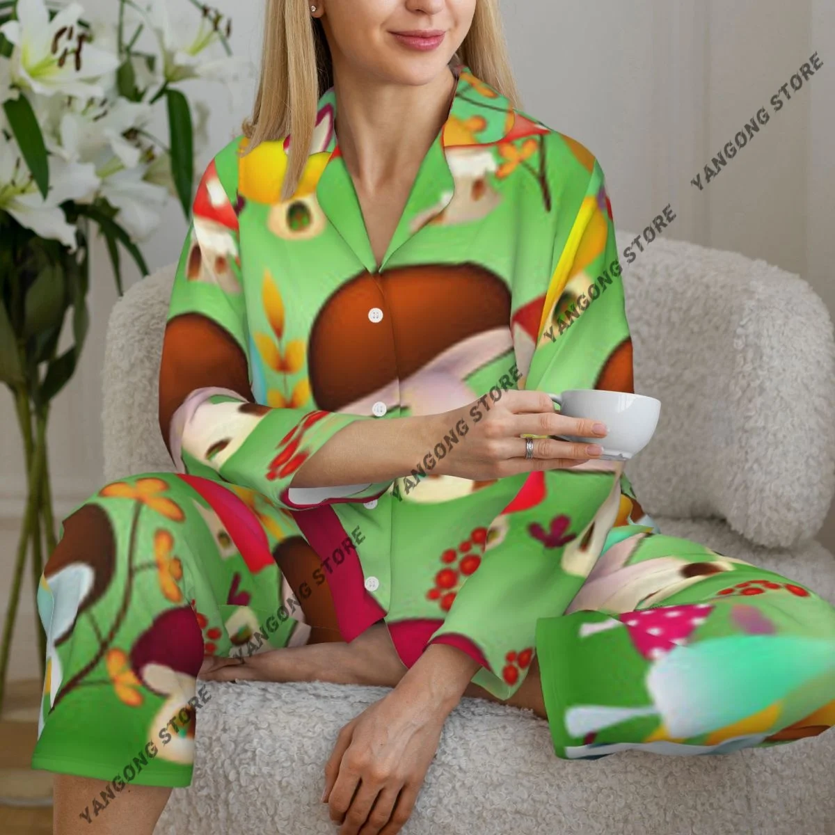 

Women Sleepwear Pajamas Magic Mushrooms House Set Cute Fantasy House Long Sleeve Pijama Female Set Negligee Cardigan Suit