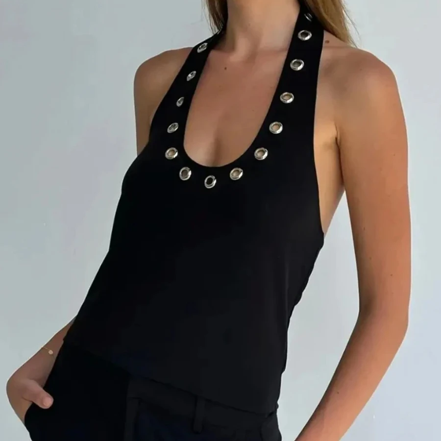 Women's Trendy Halter Neck Tank Top Sleeveless U-Neck Fitted Camisole Grommet Eyelet Detailing Casual Grey Rib Knit Crop Top