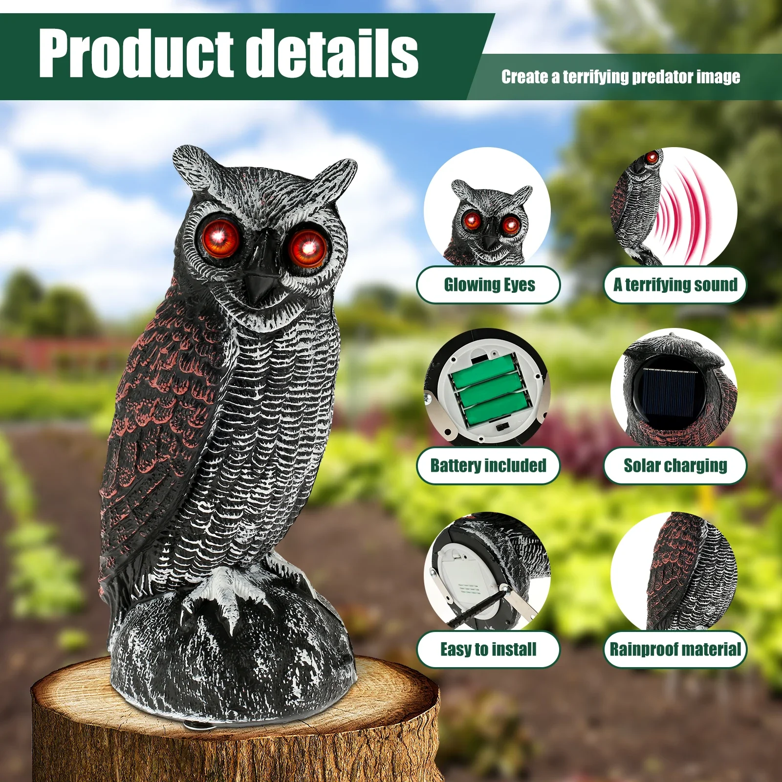 New Solar Owl Scare Bird Control Devices Waterproof Garden Fake Owl Deterrent Decoration With Scary Sound and Eyes Emit Light view 2