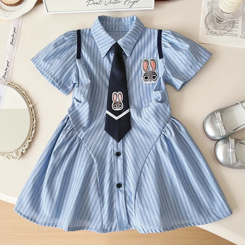 Girls' Summer Dress2024New Rabbit Officer Little GirlPOLOCollar Stripe College Style Shirt Skirt