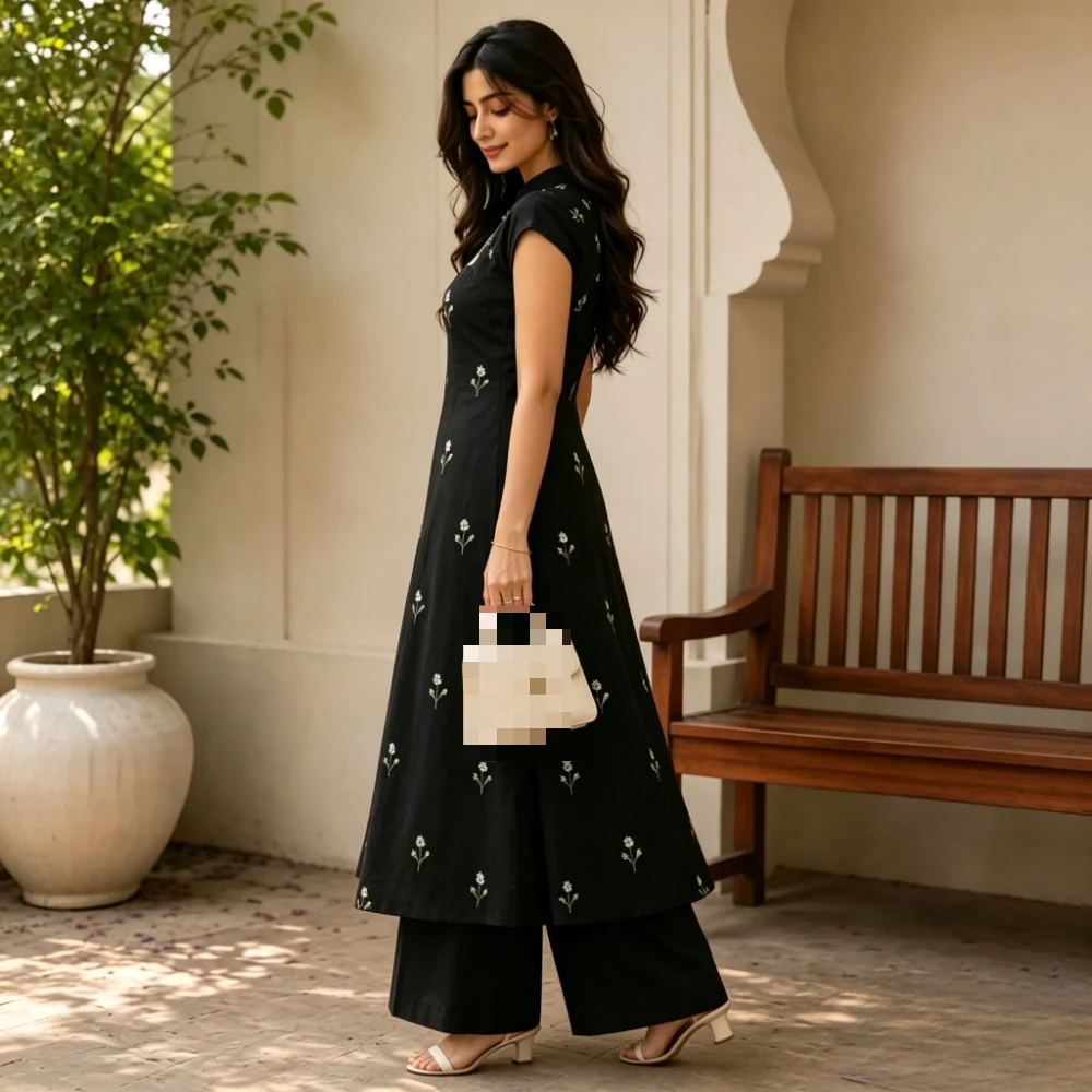 Women Formal Wear Ethnic - Customized Ethnic Black Floral Embroidery Set