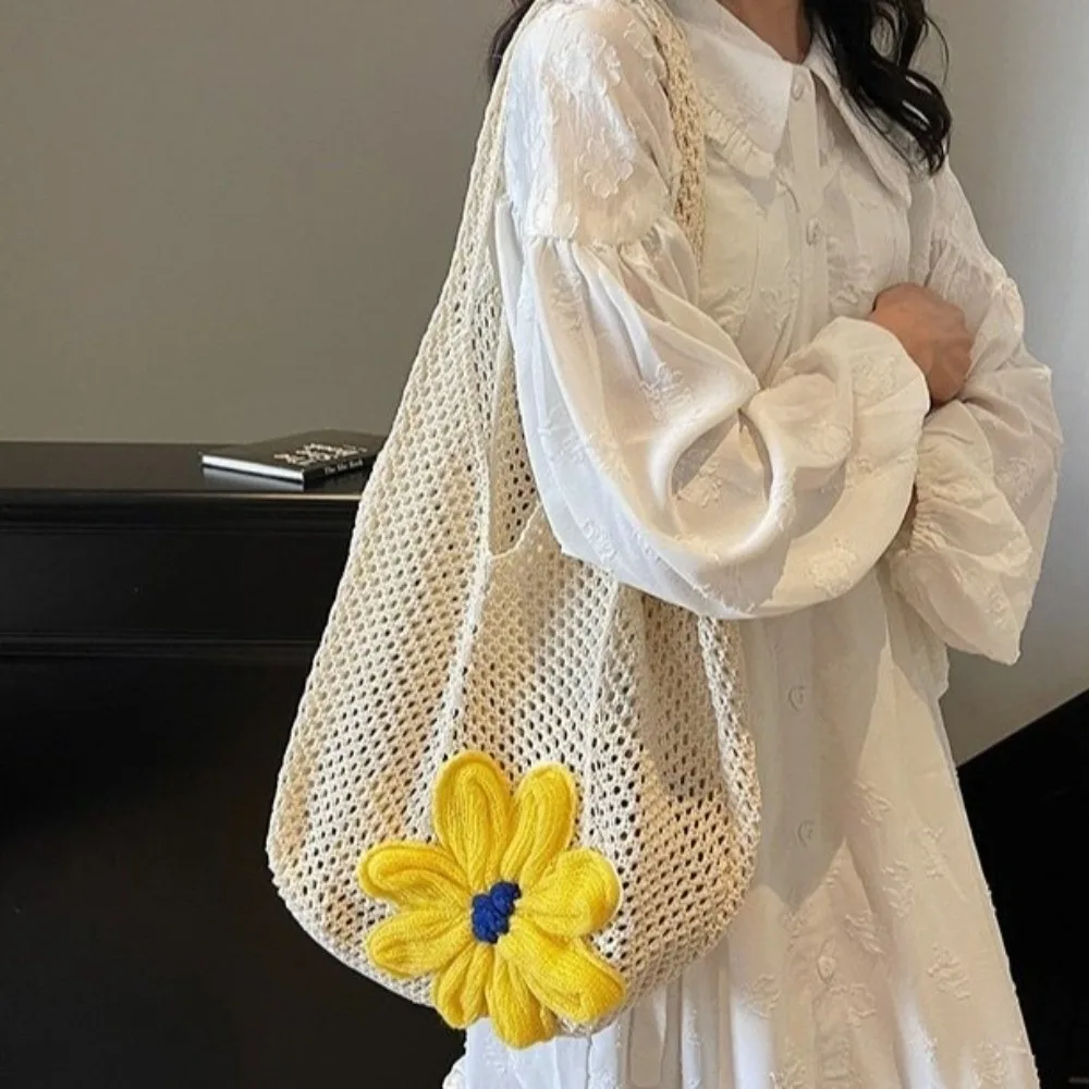 

Durable Mesh Flower Woven Handbag Large Capacity Solid Color Crochet Tote Bag Versatile Convenient Knitted Shoulder Bag Women