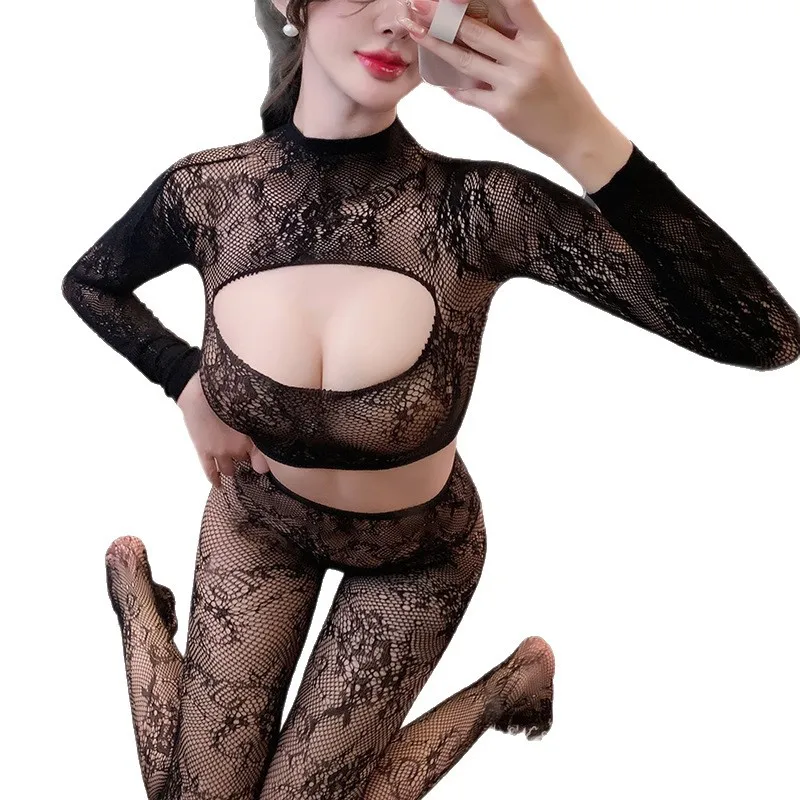 Sexy Lingerie Tight Hollow Out Long Sleeve Bodysuit Hot Mesh Lace-Up Seductive Nightwear