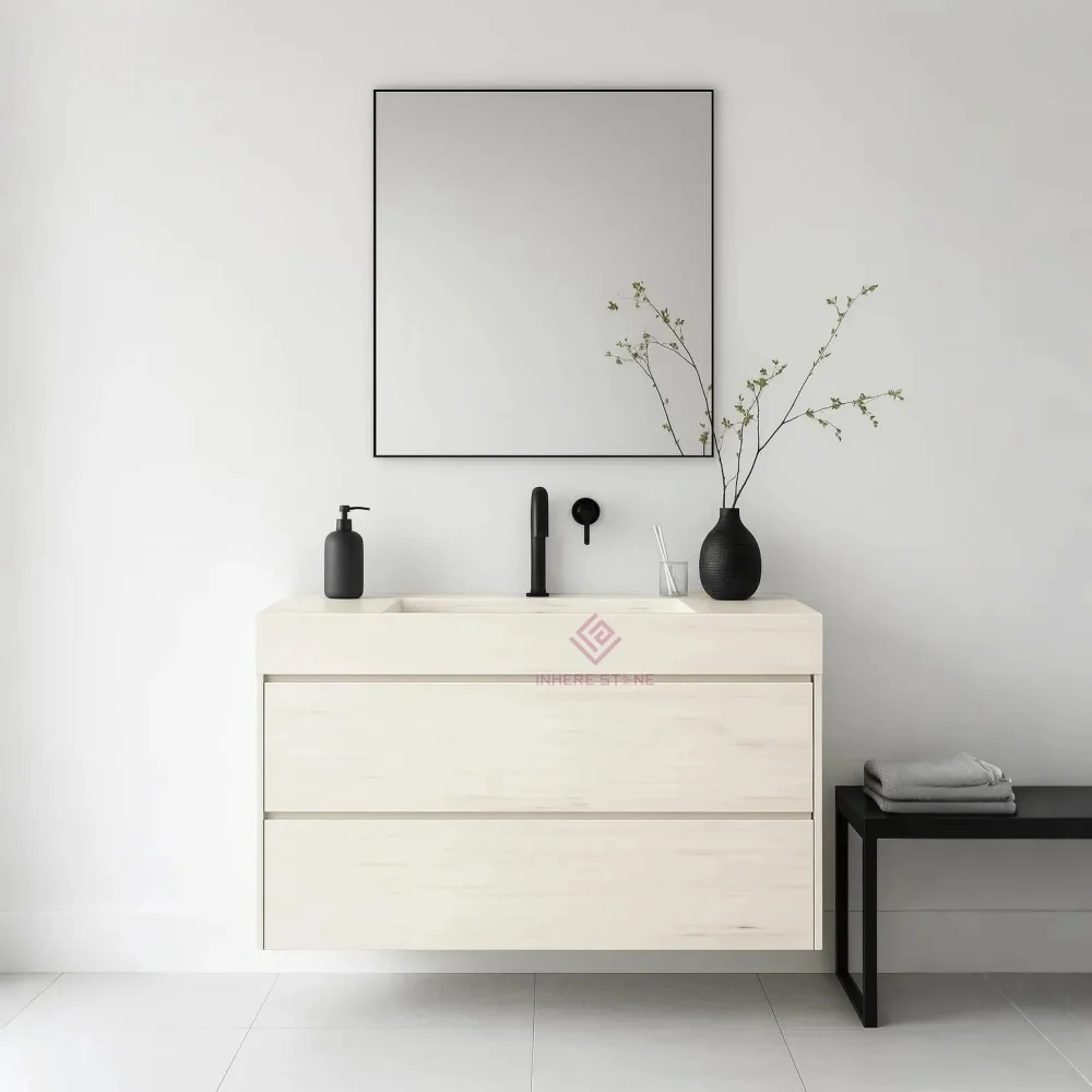 Premium Roman Travertine Floating Vanity With Drawer Modern Natural Stone Bathroom Sink Luxury Furniture