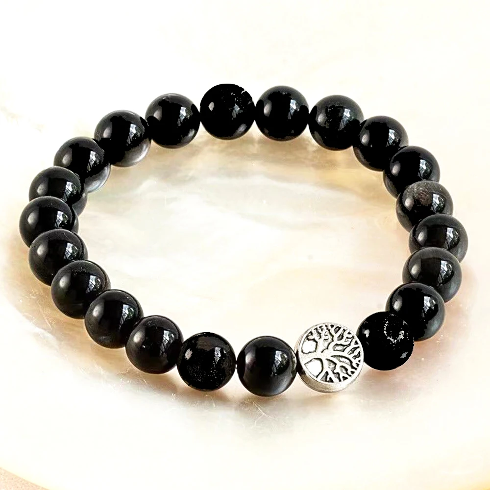 

MG2071 New Design 10 MM Black Obsidian Tree Of Life Beads Bracelet Healing Crystals Gemstone Stress Relief Wrist Mala