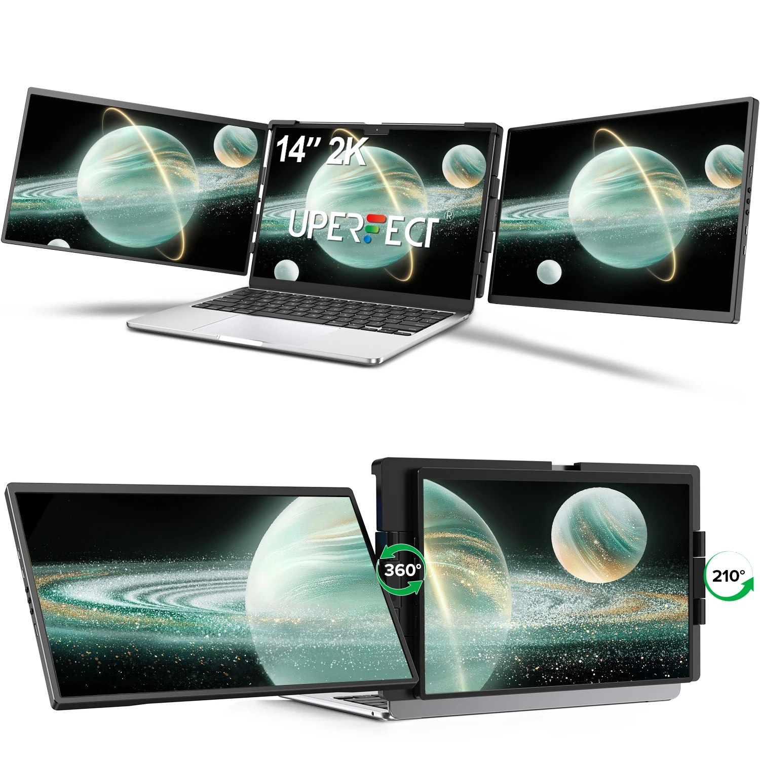 UPERFECT 14インチ 2K トリプルポータブルモニター 360°回転スタンド