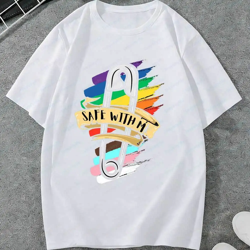 LGBT Safe with Me Rainbow Safety Pin T-Shirt Pride Ally Support Print Cotton Short Sleeve Tee for Men Women LGBTQ+ Graphic Tops