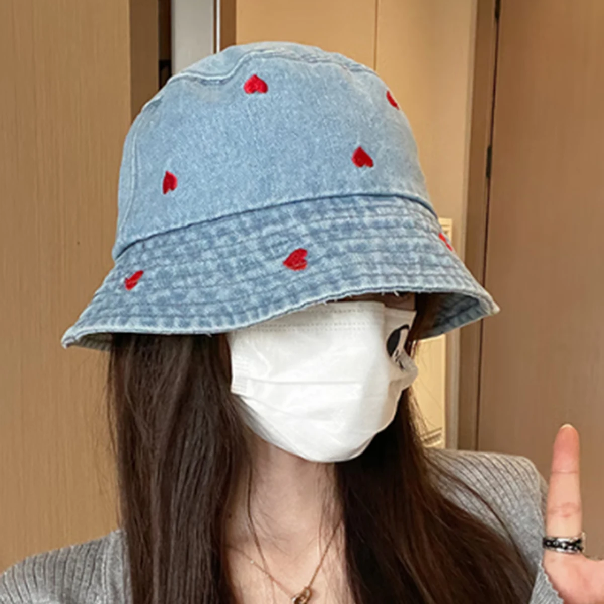 Denim-Eimerhut für Damen im japanischen Stil mit großem Kopfumfang, Sonnenschutz und Sonnenschutz, vielseitig, Gesichtsschlankheitskur, trendig, modisch, jugendlich, süß, bestickt
