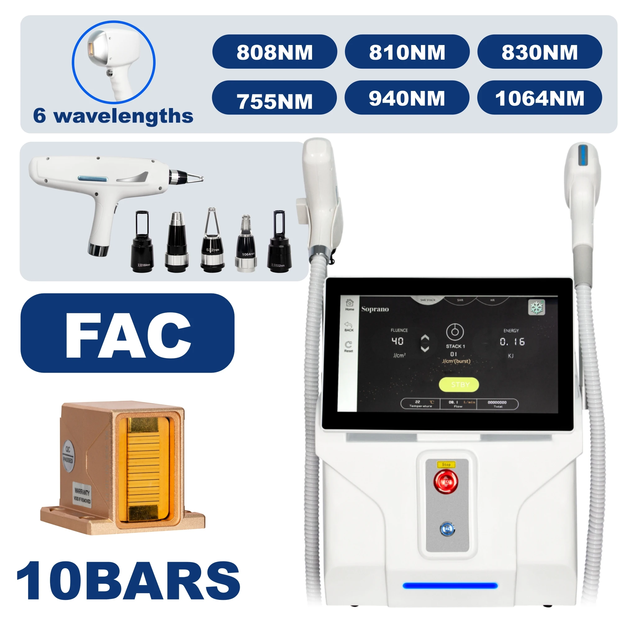 2-in-1 Soprano Titanium Ice Platinum FAC 6 golflengte diodelaser 808+picoseconde pijnloze permanente haarverwijdering en tatoeageverwijdering