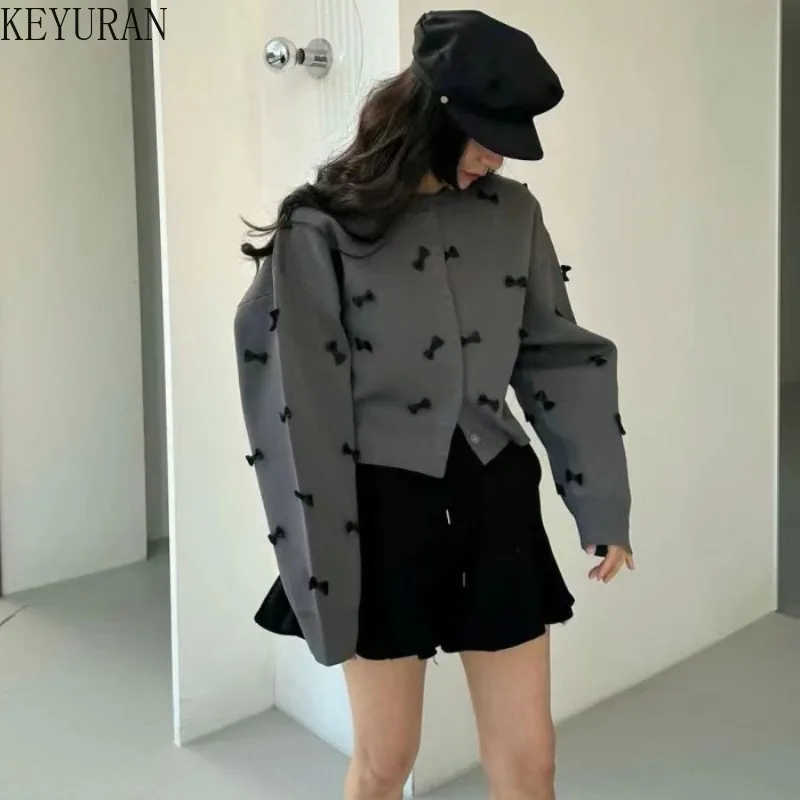 Korean 3d Bow Knitted Cardigan Women's 2024 Autumn Winter New Round Neck Long Sleeve Single Breasted Sweater Outerwear Crop Tops