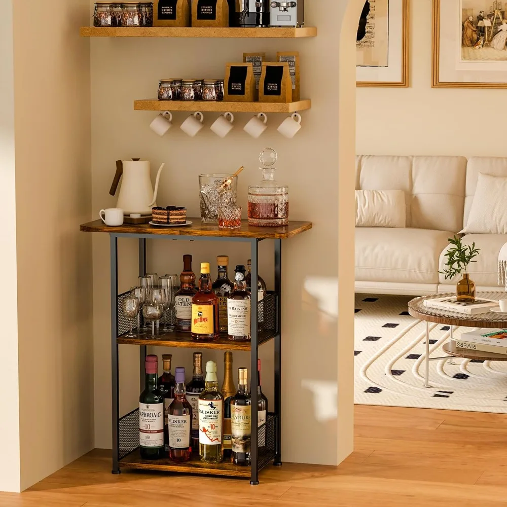 3-Tier Freestanding Wine Rack with T-Shaped Countertop: Space-Saving Corner Display for Bottles and Barware