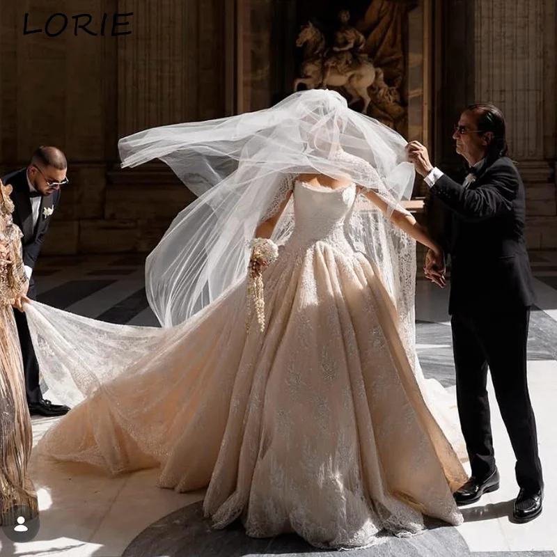 LORIE Shawl Church Wedding Dress V Neck Long Sleeve A-line Mermaid Muslim ivory Bride Gown Chiffon Customized Corset Bride Dress