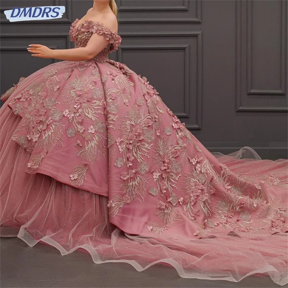 Gaun klasik Quinceanera dari bahu 3D bunga manik-manik applique Vestidos De 15 Formal elegan gaun pesta putri manis