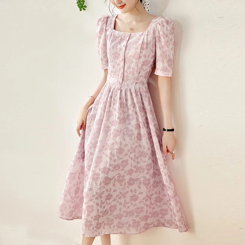 

Summer Dresses For Women 2024 Elegant Fashion Square Collar Short Sleeve Floral Print Dress A-line Women's Clothing Long Dress