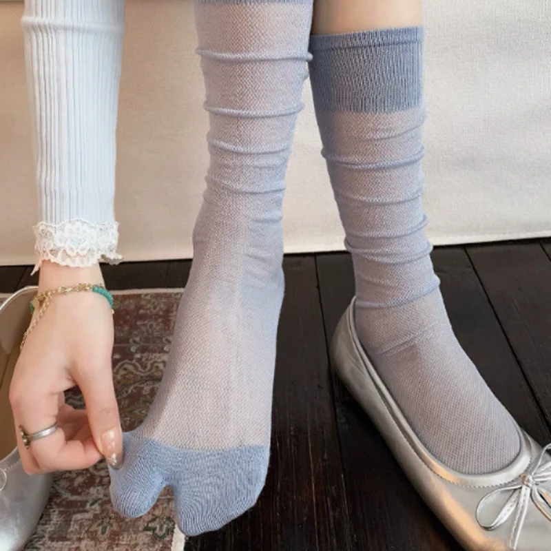 Soft Breathable Split Toe Sock Combed Solid Color Women Tabi Socks Summer Thin Japanese Fashion Casual Cotton Two-Toed Long Sock