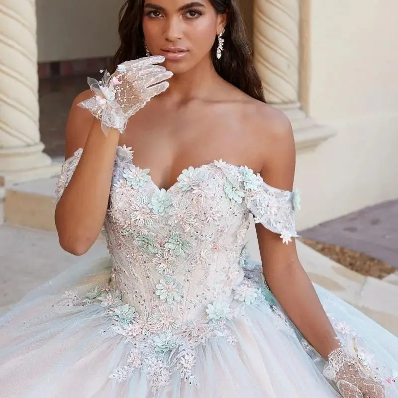 Sexy Lieverd Quinceanera Jurk Baljurk 3d Bloemen Applique Kralen Tull Korset Sweet 16 Vestidos De 15 Anos