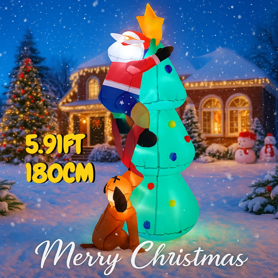 

5.91FT Inflatable Christmas Tree Santa Snowman Gift Toy LED Lit Festive Christmas Gift Xmas Inflatable Yard DecorationsChristmas