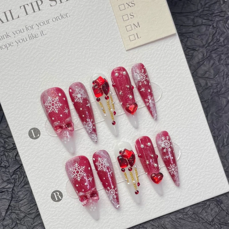 10Pcs Red Cat Eye French Long Stiletto Fake Nails Press on Christmas Snowflake Diamond Bow Design Handmade Full Over False Nails