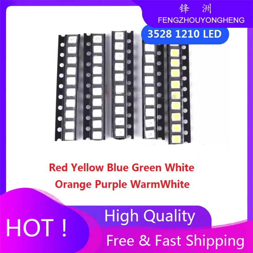 100pcs Yellow White Green Purple Light Diode 1210 SMD LED Super Bright High Quality 3528 LED Bead 3.5*2.8mm 3528 1210 Blue Red