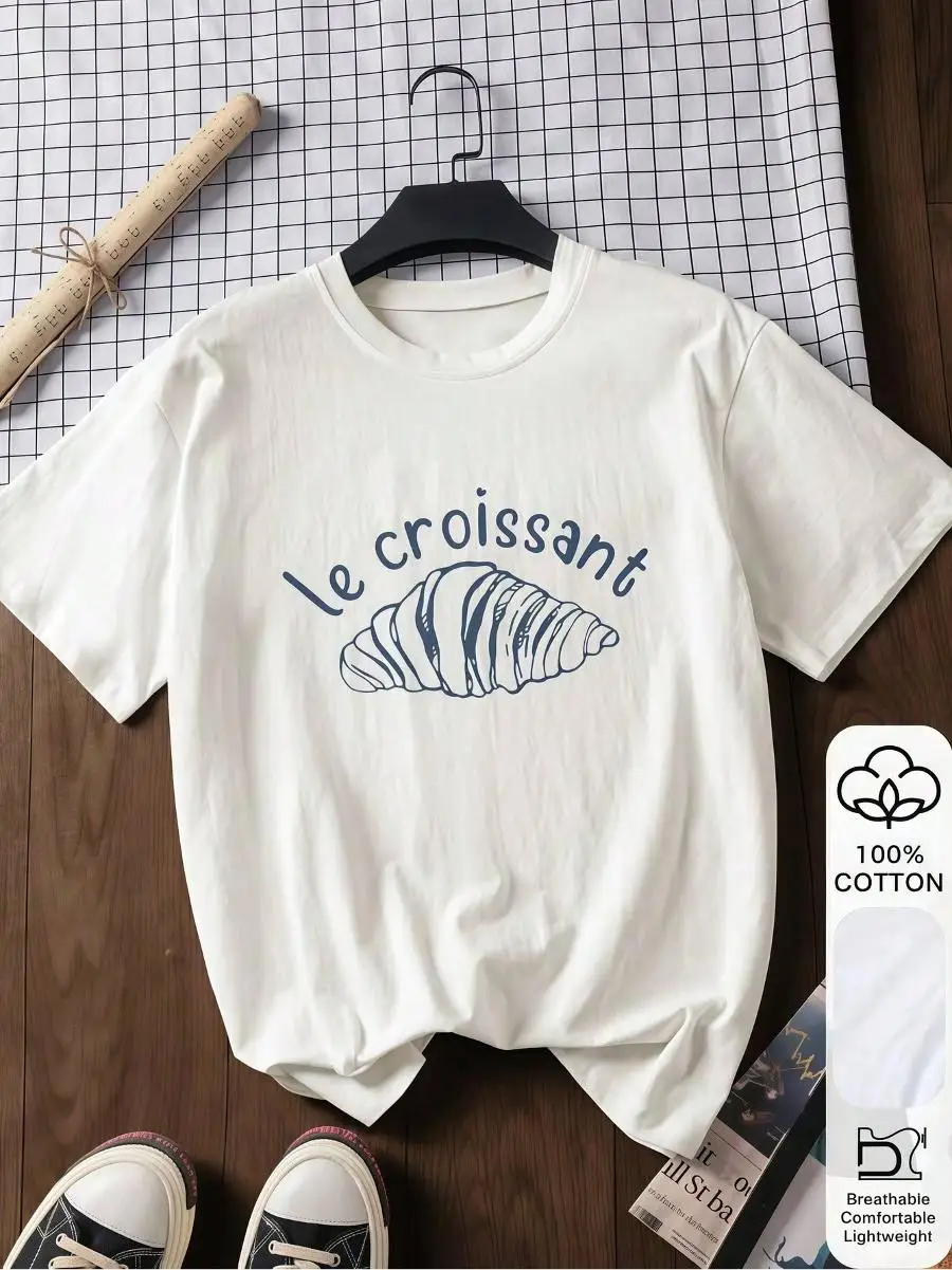 1pc Women s Clothing Croissant Bread Print White TShirt, Shirts, White Top, Graphic Tees Women, Unisex Casual Crew Neck Tshirt, Lightweight 220gs