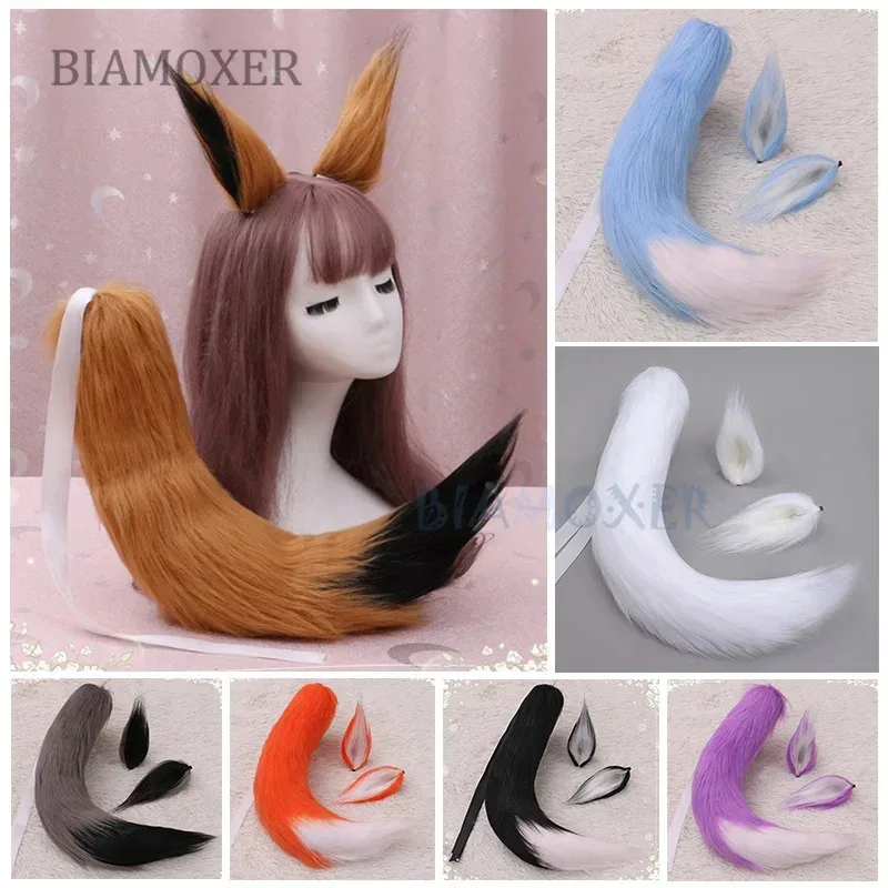 

11 цветов, длинные плюшевые лисьи уши, лисий хвост, подарки для косплея, аксессуары в стиле аниме, Лолита, синий, белый цвет, комплект хвостов для косплея QE1585