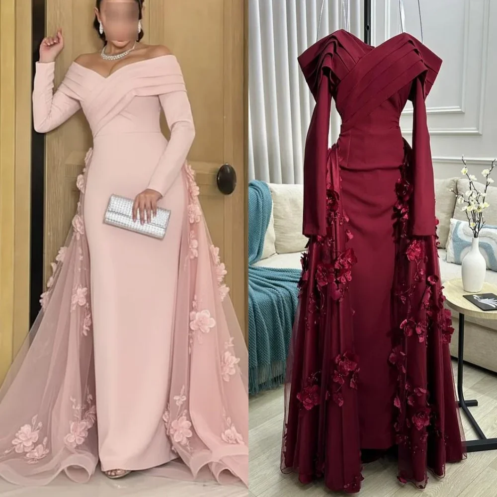 

Customized Intricate Jersey Handmade Flower Beading Draped A-line Evening Dress Off-the-shoulder Long Prom Dresses Formal
