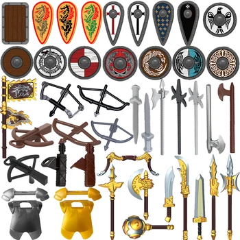 Blocos de construção militares medievais, figuras de soldado, águia preta, armas de cavaleiro, acessórios, faca de arco, escudo, bandeira, tijolos, brinquedo k047