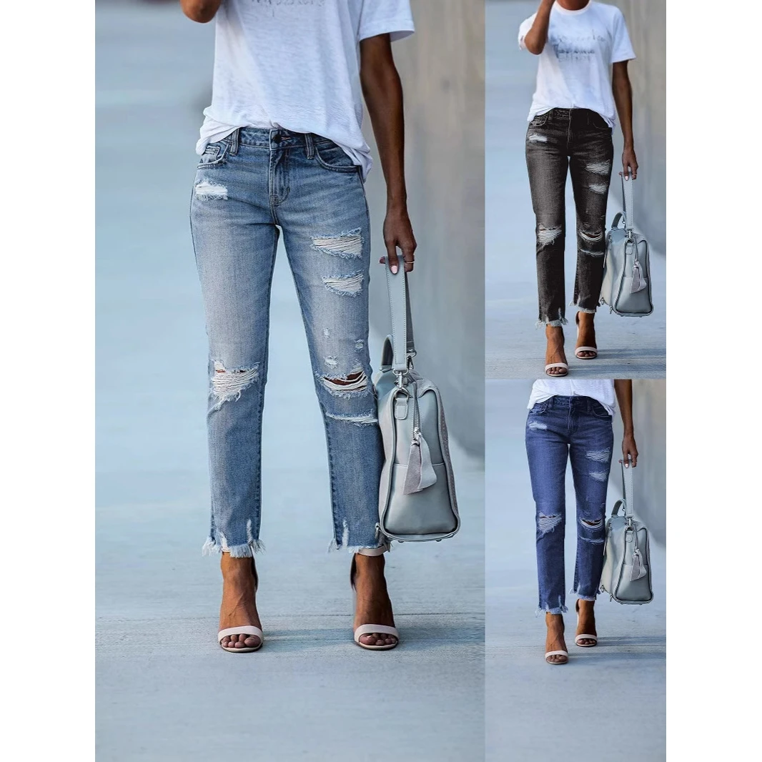 Women's Slim Fit  Color Distressed Straight Leg Jeans High Waist Commuter Style No Brand Small Footwear Denim Fabric