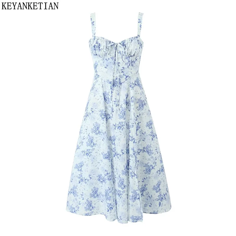 KEYANKETIAN 2024 New Launch Pastoral style Vintage White Porcelain Blue Printed Cotton Suspenders Dress Women Bandage MIDI dress