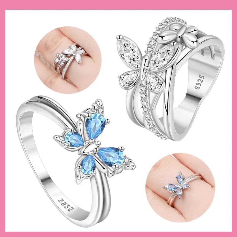 Оригинальное кольцо из стерлингового серебра 925 пробы с синей бабочкой, женский подарок на годовщину, обручальные кольца для женщин, мужские ювелирные изделия