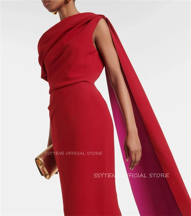 Formal Red Shawl Sleeve Saudi Arabian Party Dress for Women Elegant Prom Gown Ankle Length Special Event Occasion Evening Dress