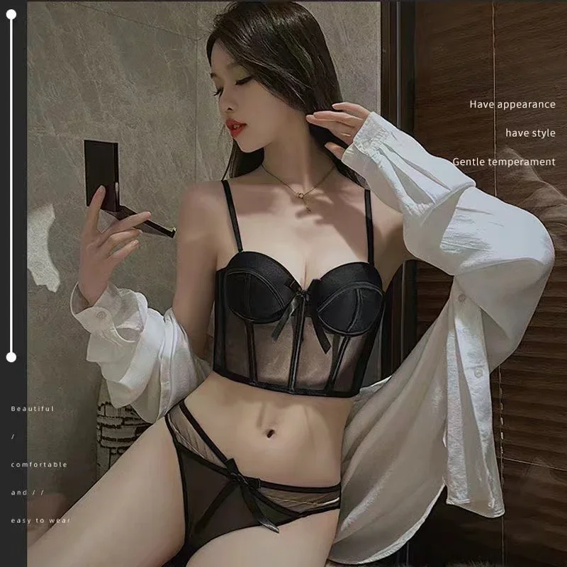 Lace Bra Sexy Mesh Underwear Women Hollow Out Shape Half Cup Soft Bralette Anti-sag Push Up Bow Thicken Women Underwear Set