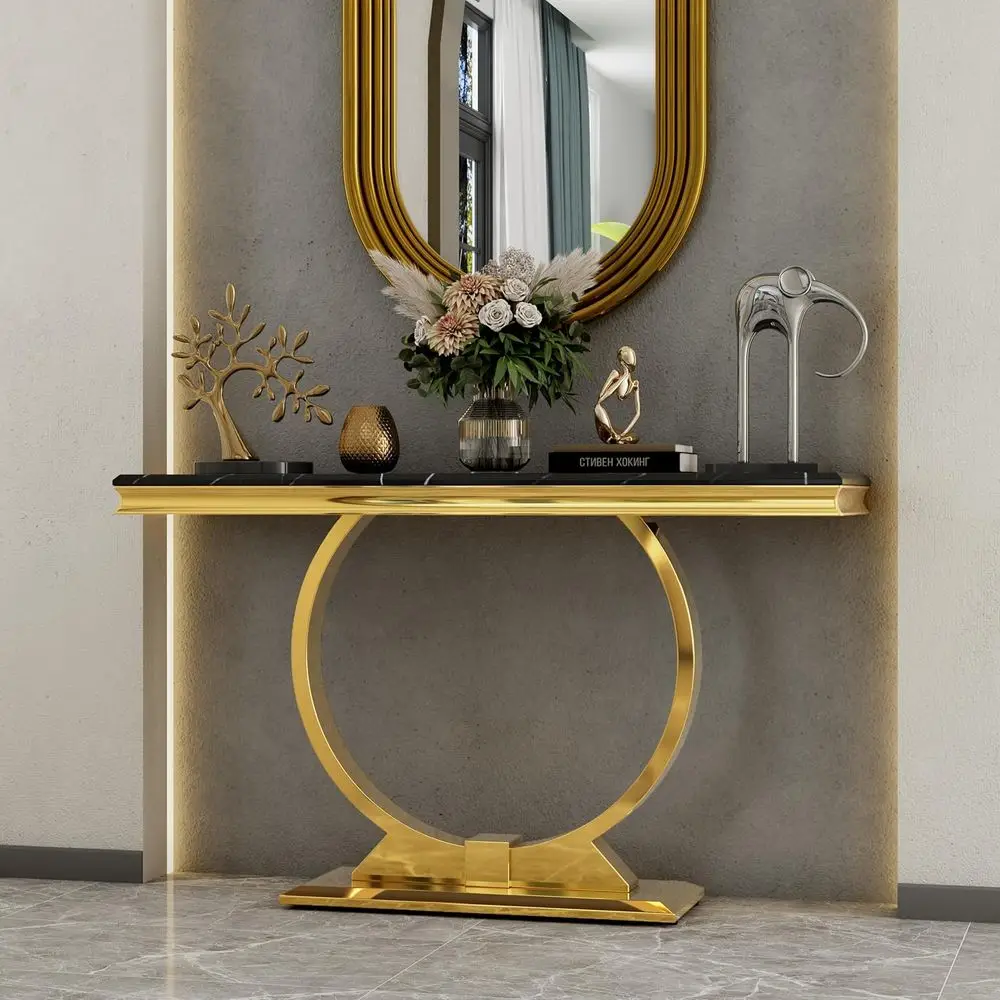 

50 Inch Elegant Black & Gold Entryway Console Table with Polished U-Base for Hallway or Foyer