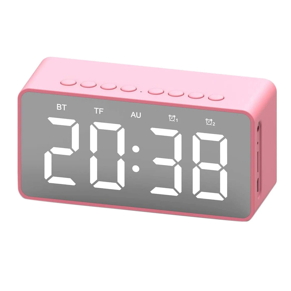 

Wireless Digital Alarm Clock Bluetooth Speaker LED Desk Mirror Supports TF Card AUX Snooze for Home Bedroom Office,Pink