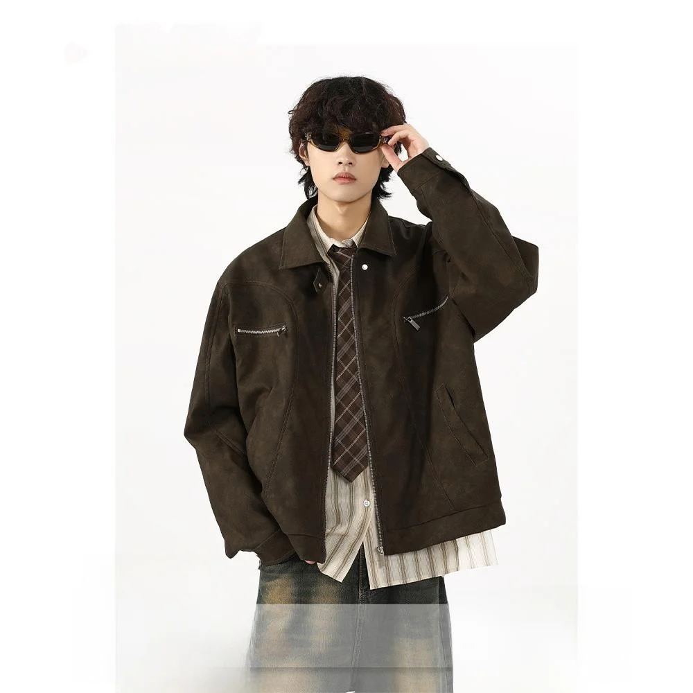 

Коричневая кожаная куртка в американском стиле ретро, мужская мотоциклетная рабочая одежда, пальто из искусственной кожи на молнии, прямая трубка, молодежная повседневная одежда