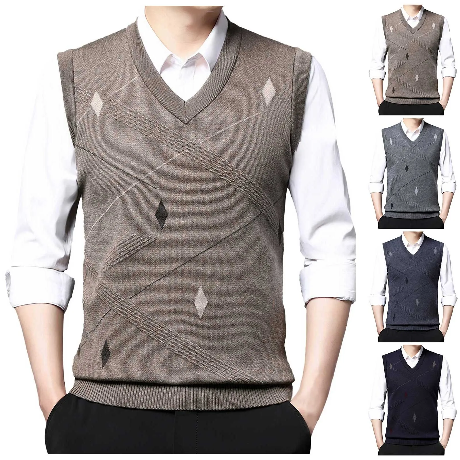 

Spring New Casual Solid Jacquard Sleeveless Sweater Tank Men's V-neck Patchwork Screw Thread Vintage Korea Fashion Warm Vest Top