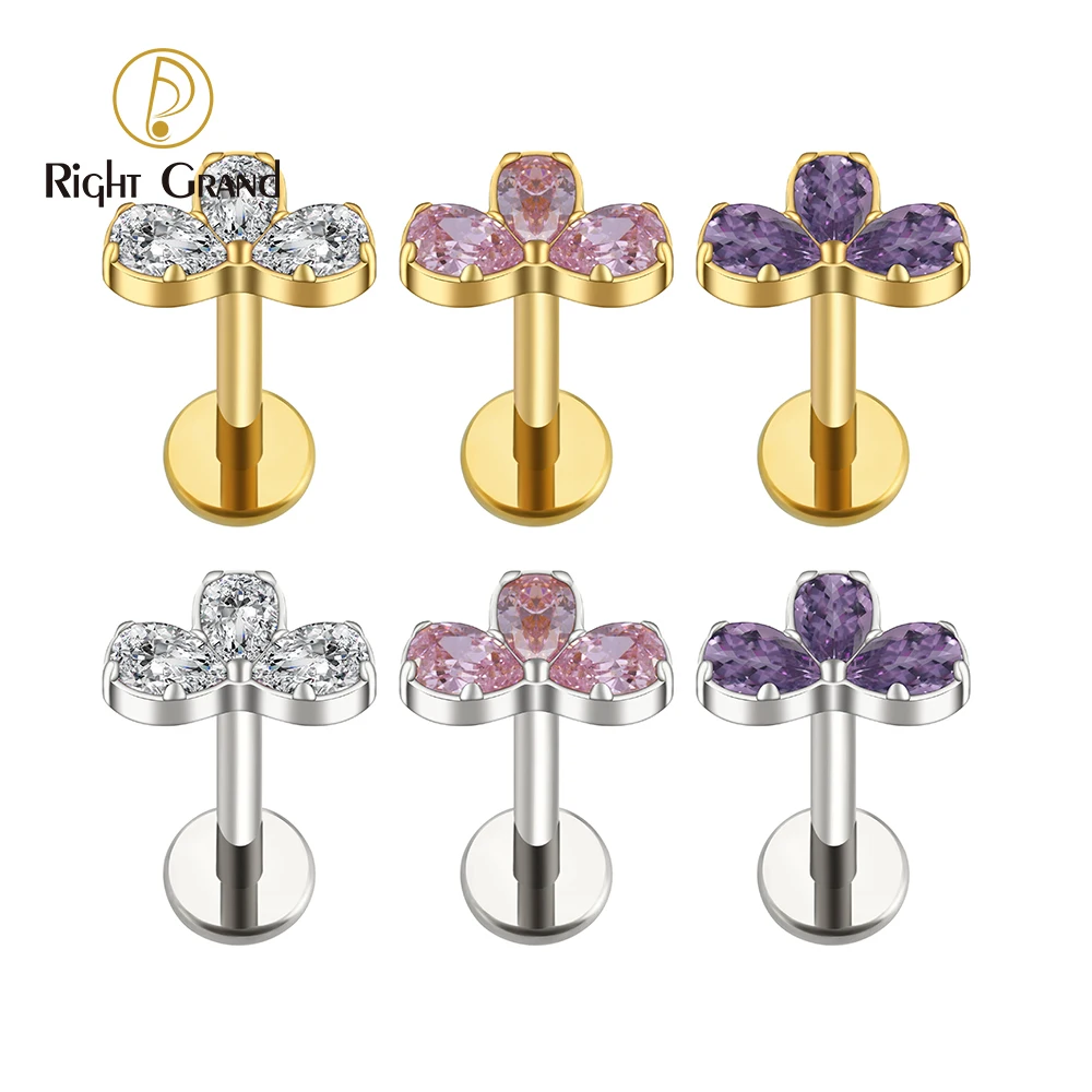 Right Grand Brinco ASTM F136 Titânio 16G Tripla Flor com Pingente Waterdrop CZ Concha com Rosca Interna Hélice Cartilagem Tragus Piercing
