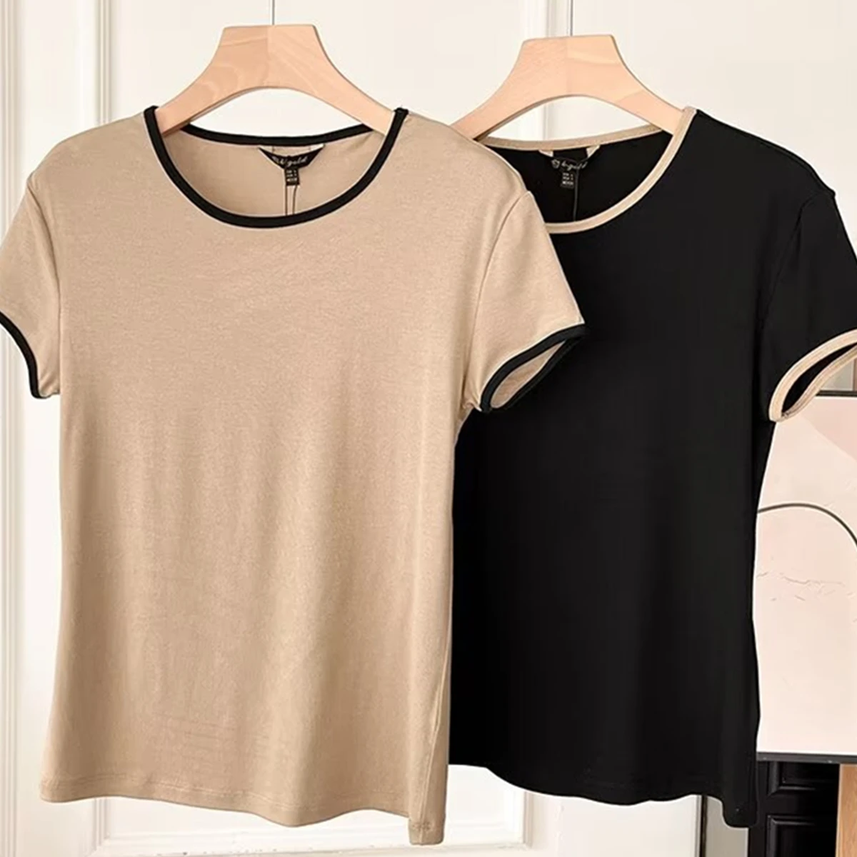 

Withered Summer Minimalist Round Neck Tshirt Women Contrasting Colors T-shirt For Women Slim Fit Tops