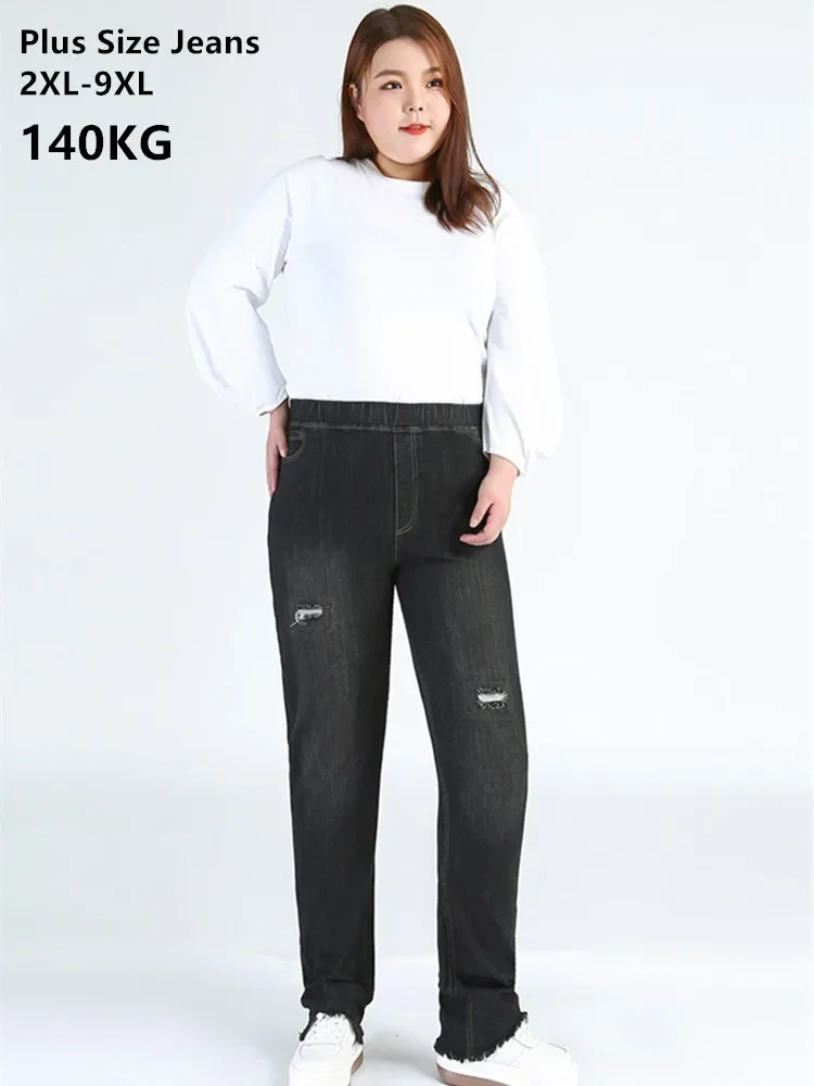 

Scratched Jeans Women Black Ripped Plus Size 140KG 5XL 6XL 9XL Girl Stretched Slim Fit Denim Pencil Pants High Waisted Trousers