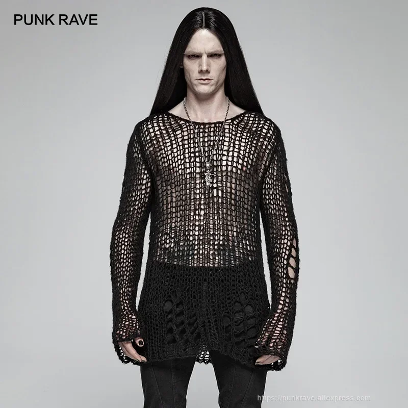 PUNK RAVE gótico Casual jerseys con agujeros rotos personalidad negro suelto suéter de los hombres punk cosplay oscuro Visual Kei