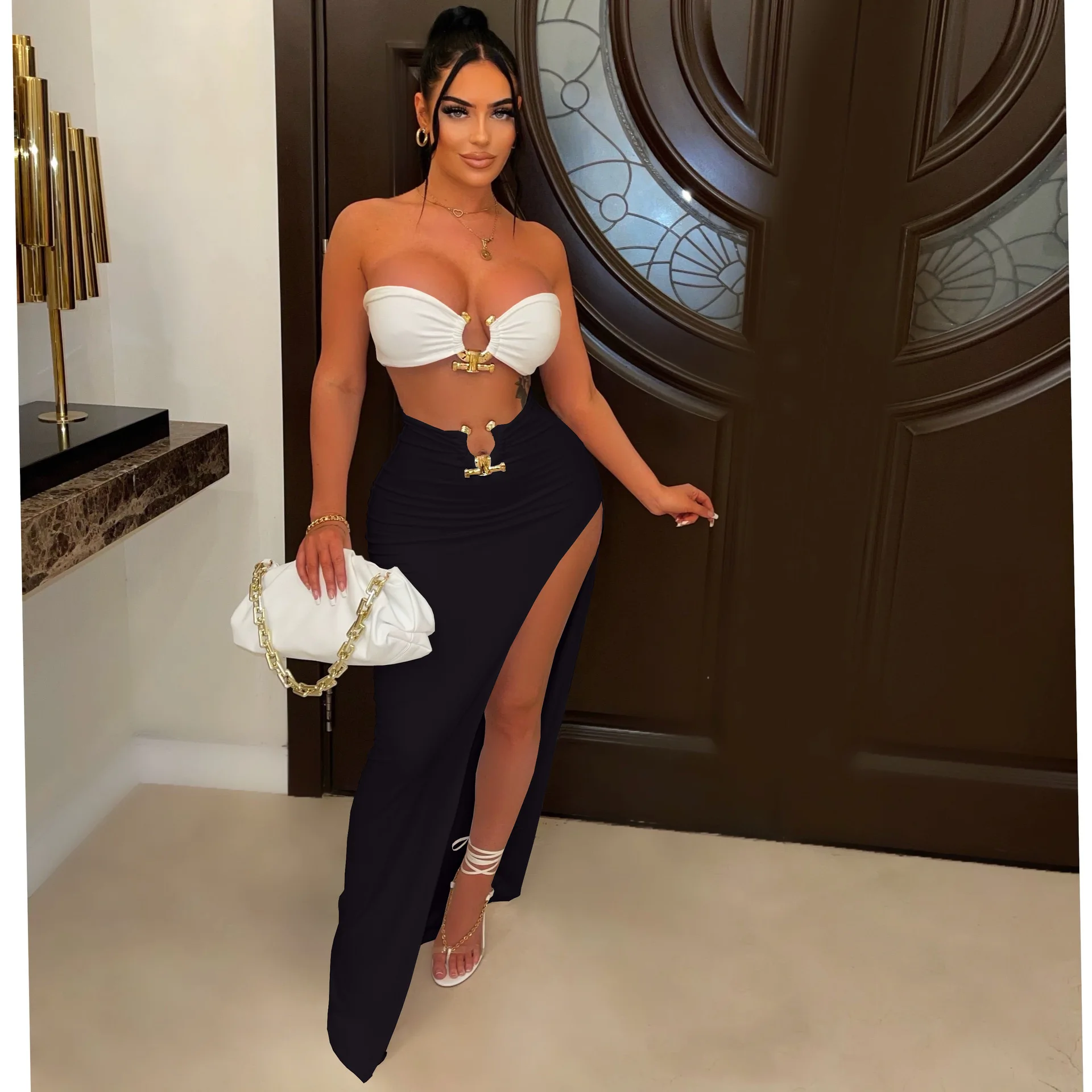 Summer Women's Set Sleeveless Chest Wrap Top And Slim-Fit Maxi Dress High Split Suit Comfortable Ladies Two-Piece Outfits