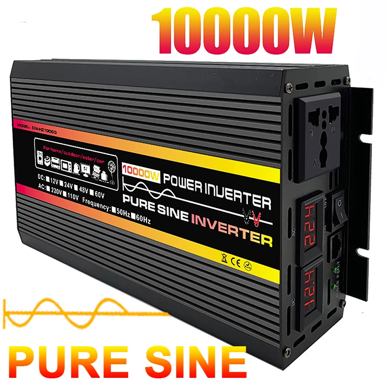 10000W/12000W LCD Display Solar Power Inverter 12V 24V to /220V Pure Sine Wave Voltage Transformer Car Home Charge Converter