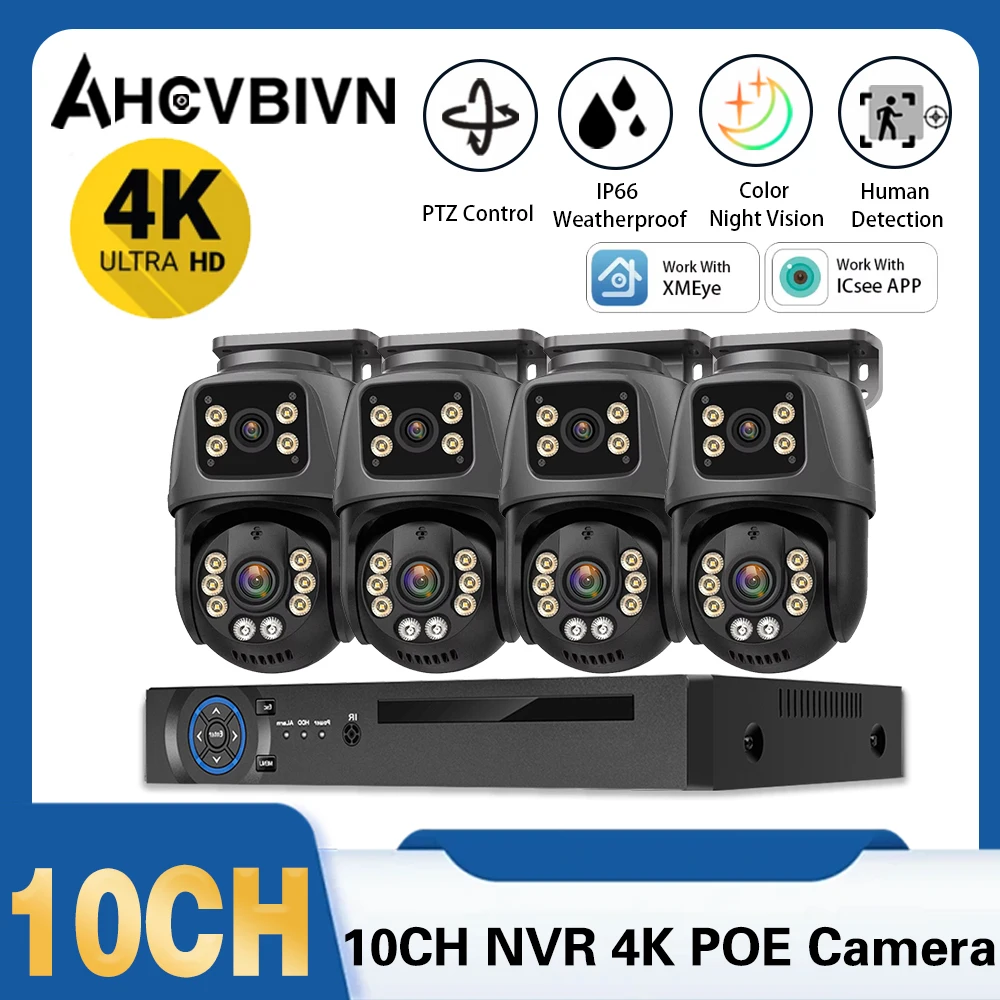 Dual Lens 8MP POE PTZ IP Camera System Outdoor 4K PTZ Home Security Camera Sets Two-Way Audio 10CH 4K PoE NVR Kit ICsee/XMeye