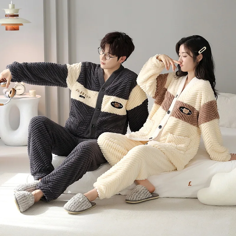 2024 Couples Pajamas Sets Women Men Winter Flannel Thicken Pyjamas Sleepwear Cartoon Korean 2 Piece Homewear Soft Warm Pijama